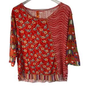 Anya SF Boho Jane Top Orange Multi Media Patchwork | 3/4 sleeves | Size Medium
